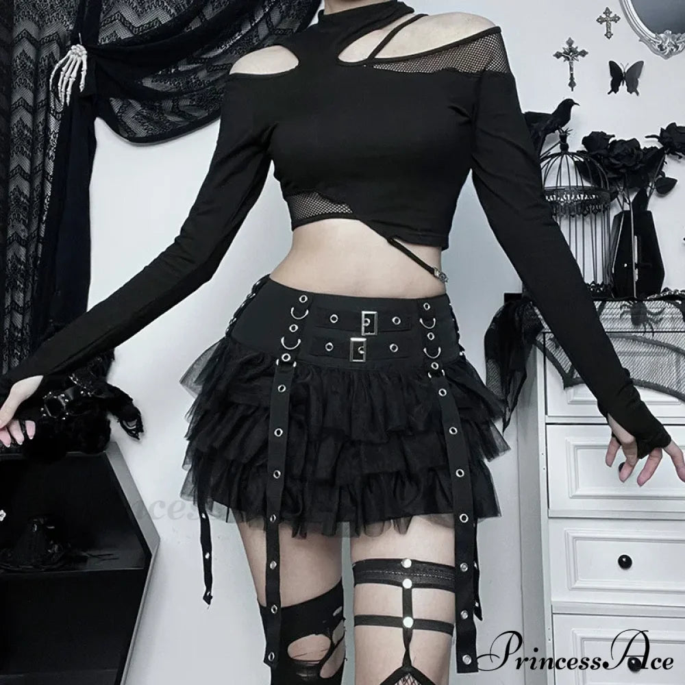 Harajuku Gothic Dark Women Cybery2K E-Girl Streetwear Hip Hop Eyelet Ribbons Mesh Patchwork Cake