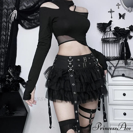 Harajuku Gothic Dark Women Cybery2K E-Girl Streetwear Hip Hop Eyelet Ribbons Mesh Patchwork Cake