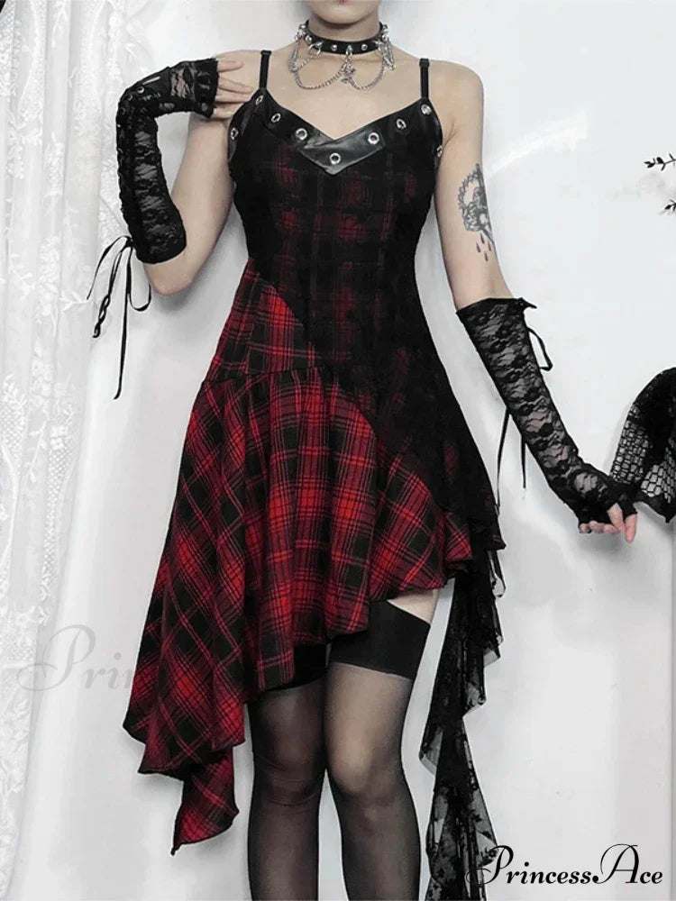 Harajuku Gothic Plaid Y2K 2000S Lace Patchwork Spaghetti Strap Streetwear V-Neck Dress