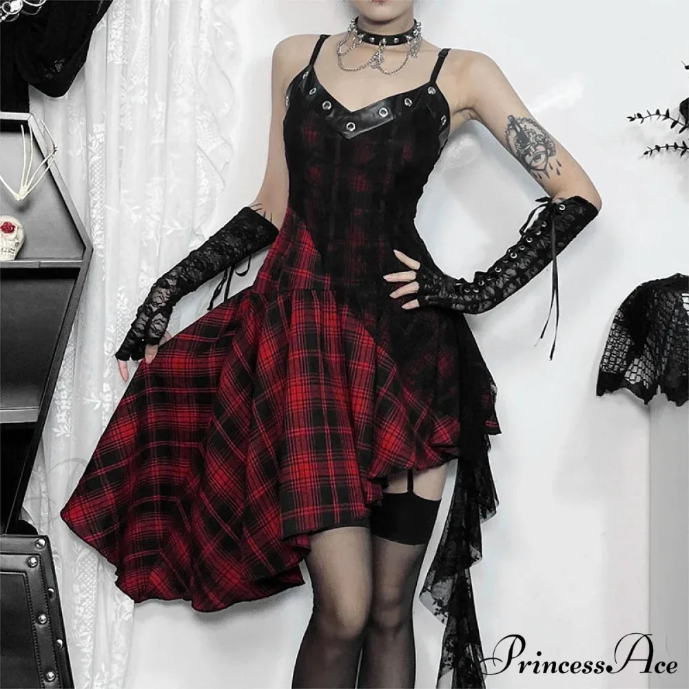 Harajuku Gothic Plaid Y2K 2000S Lace Patchwork Spaghetti Strap Streetwear V-Neck Dress