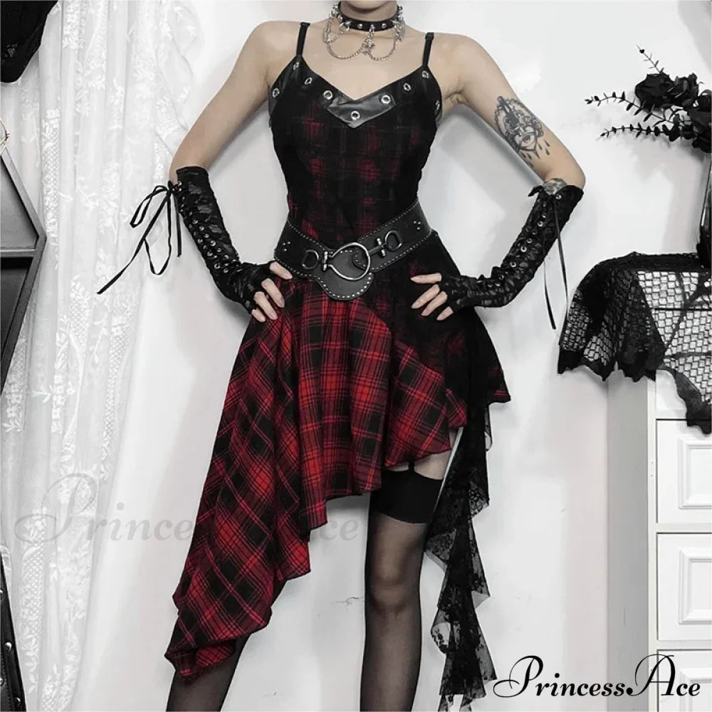 Harajuku Gothic Plaid Y2K 2000S Lace Patchwork Spaghetti Strap Streetwear V-Neck Dress