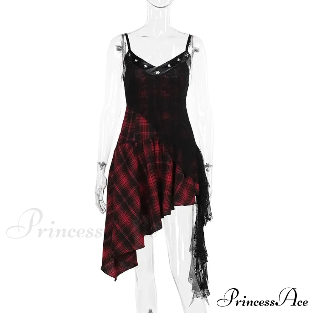 Harajuku Gothic Plaid Y2K 2000S Lace Patchwork Spaghetti Strap Streetwear V-Neck Dress Red / M