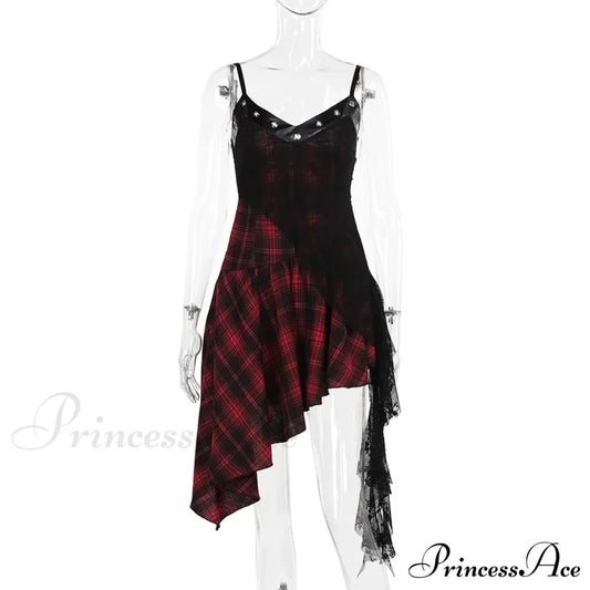 Harajuku Gothic Plaid Y2K 2000S Lace Patchwork Spaghetti Strap Streetwear V-Neck Dress Red / M