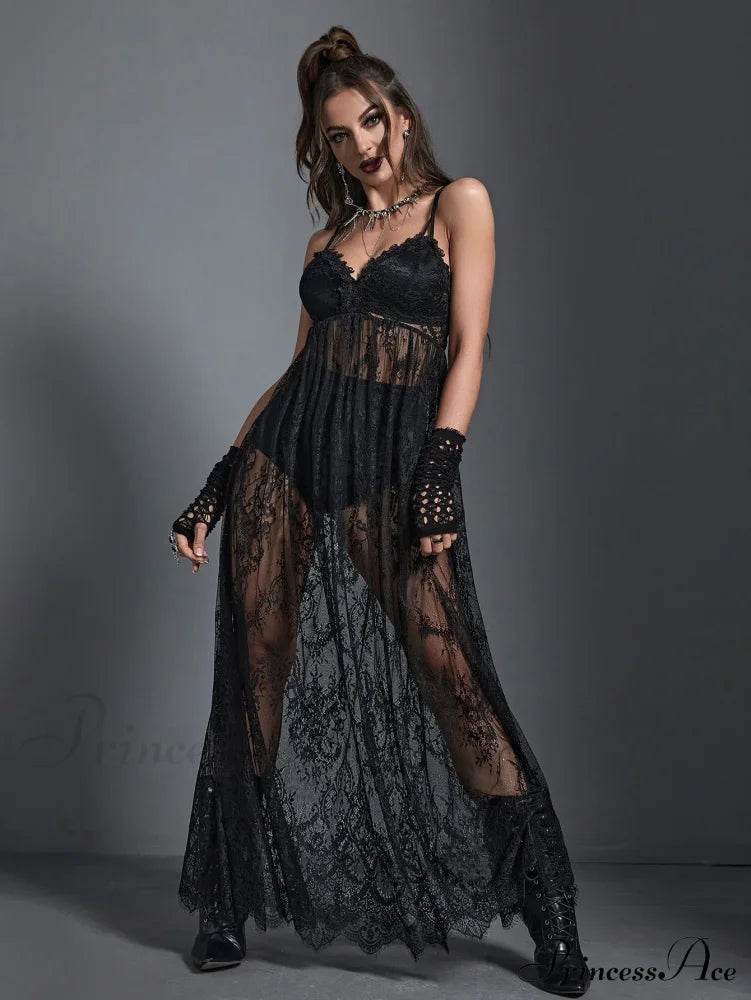 Harajuku Lace Sexy Mesh Black Vintage Transparent See Through Spaghetti Strap Dress Halloween