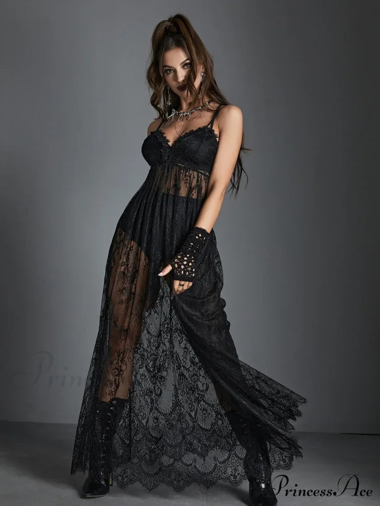 Harajuku Lace Sexy Mesh Black Vintage Transparent See Through Spaghetti Strap Dress Halloween