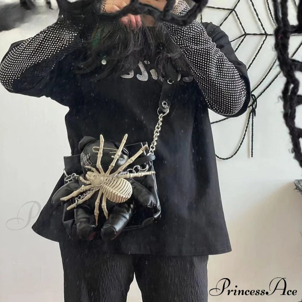 Harajuku Leather Punk Y2K Spider Bone Little Bear Pin Gothic Lolita Crossbody Bag Halloween