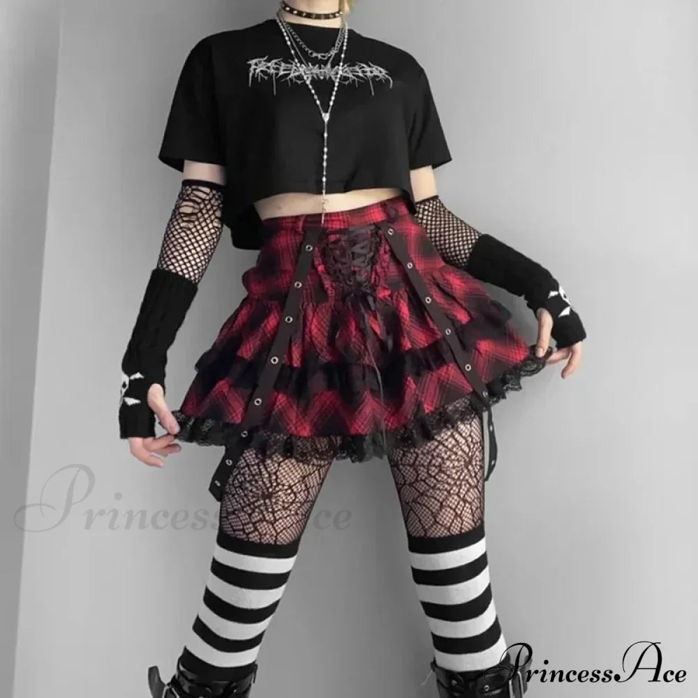 Harajuku Plaid Gothic Girl High Waist Plaided Lolita Mini Sets Japanese Fashion Streetwear Skirt