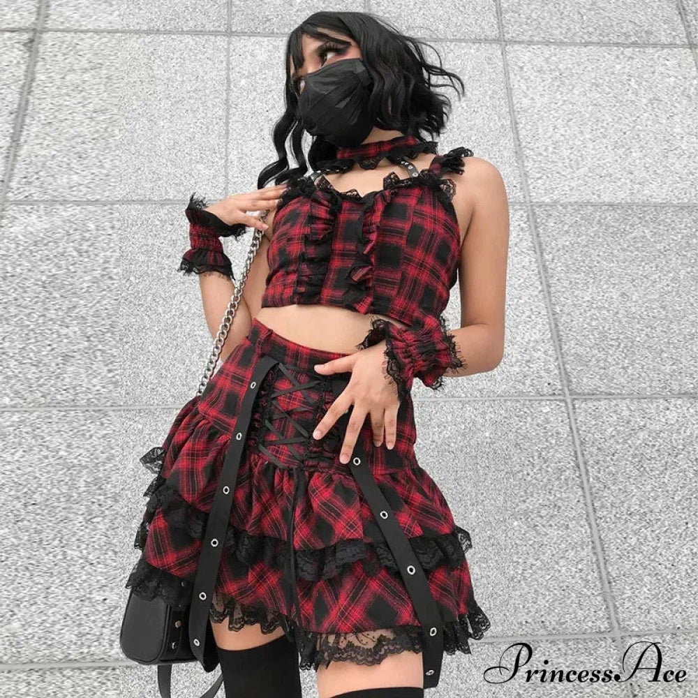 Harajuku Plaid Gothic Girl High Waist Plaided Lolita Mini Sets Japanese Fashion Streetwear Skirt