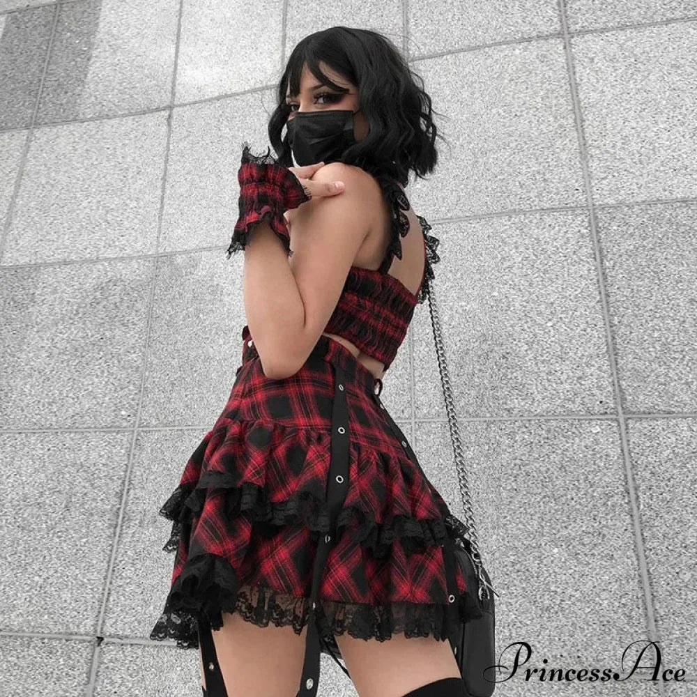 Harajuku Plaid Gothic Girl High Waist Plaided Lolita Mini Sets Japanese Fashion Streetwear Skirt