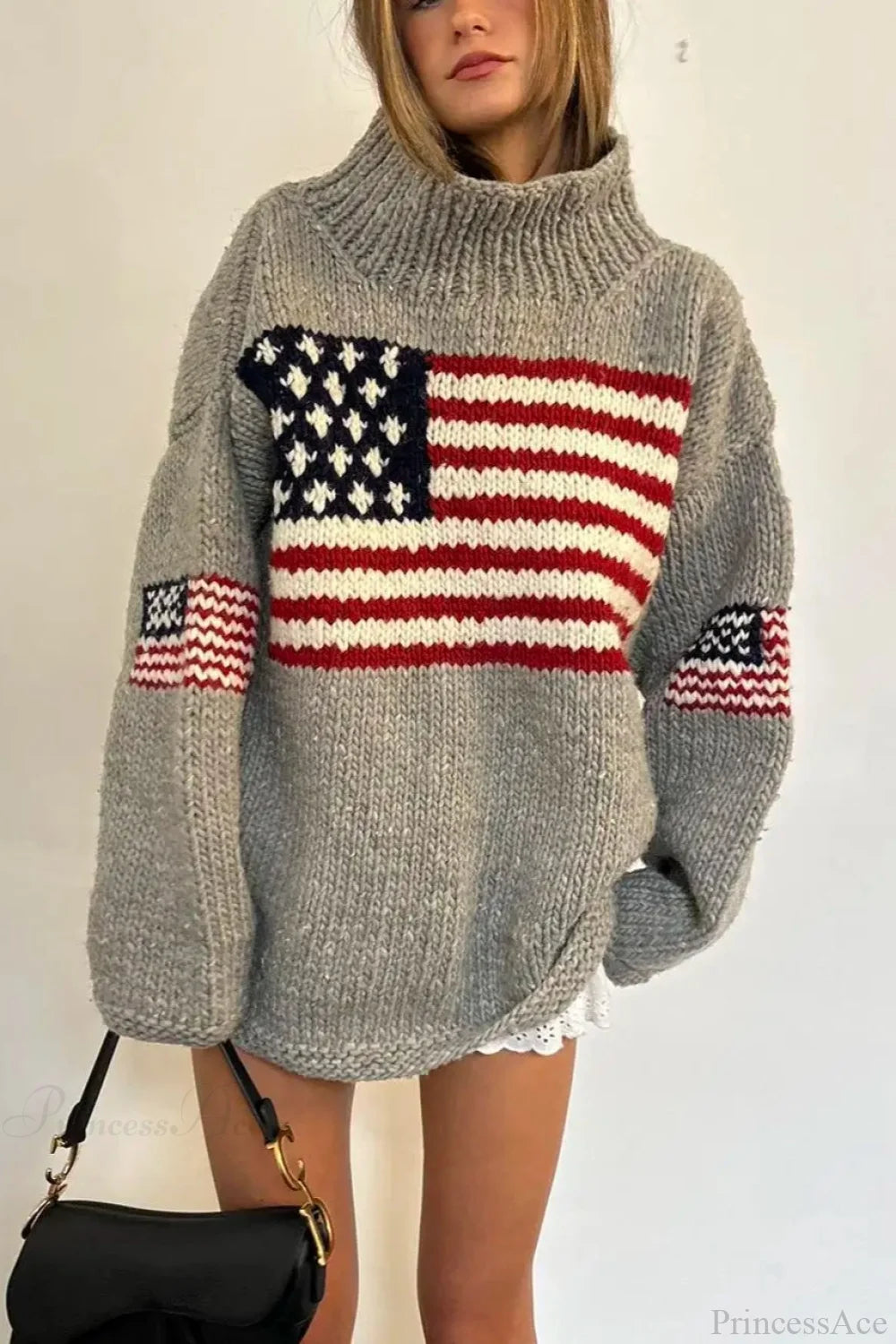 Harajuku Retro US Flag High Neck Sweater Gray / M