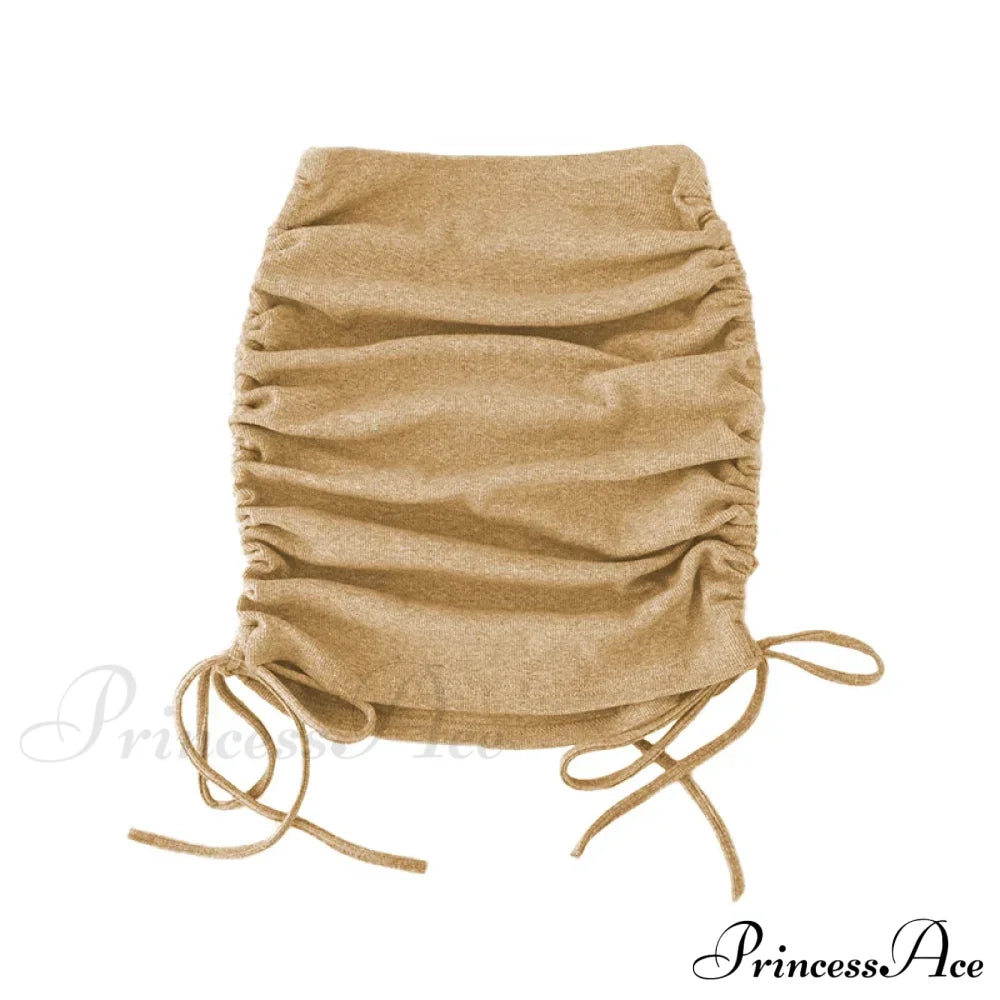 Harajuku Sexy Elastic Knitting Thread Side Drawstring Stylish Comfortable Skirt Khaki / S