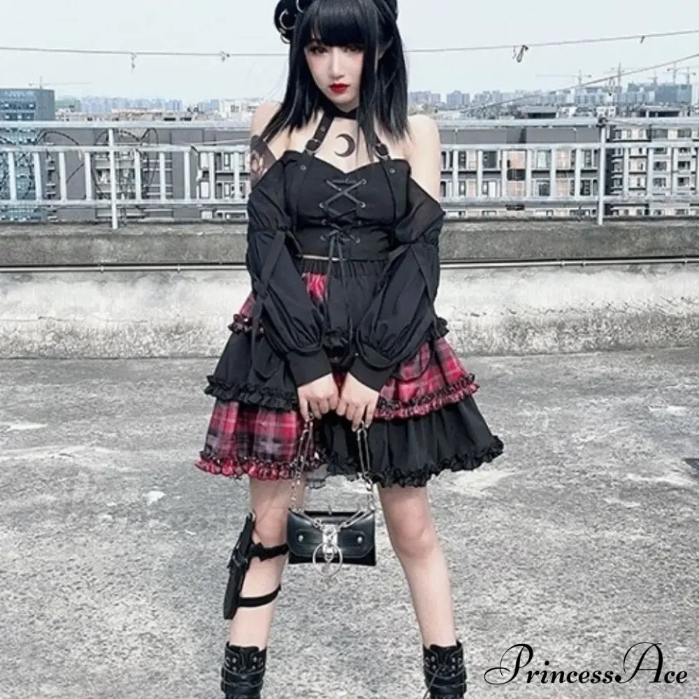 Harajuku Two-Dimensional Dark Petticoat Cosplay Red Plaid Stitching High Waist A-Line Spice Girl