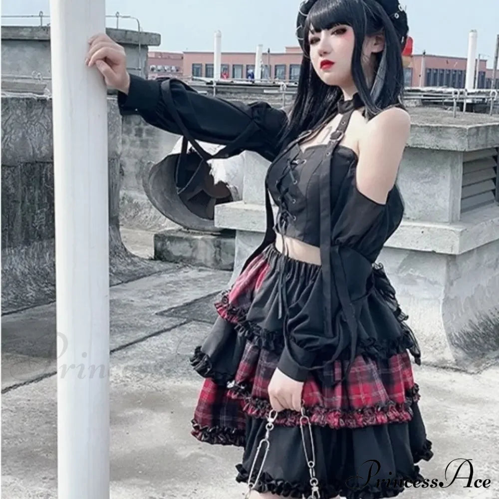 Harajuku Two-Dimensional Dark Petticoat Cosplay Red Plaid Stitching High Waist A-Line Spice Girl