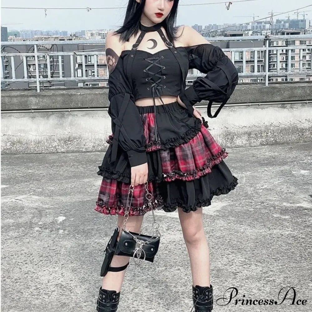 Harajuku Two-Dimensional Dark Petticoat Cosplay Red Plaid Stitching High Waist A-Line Spice Girl