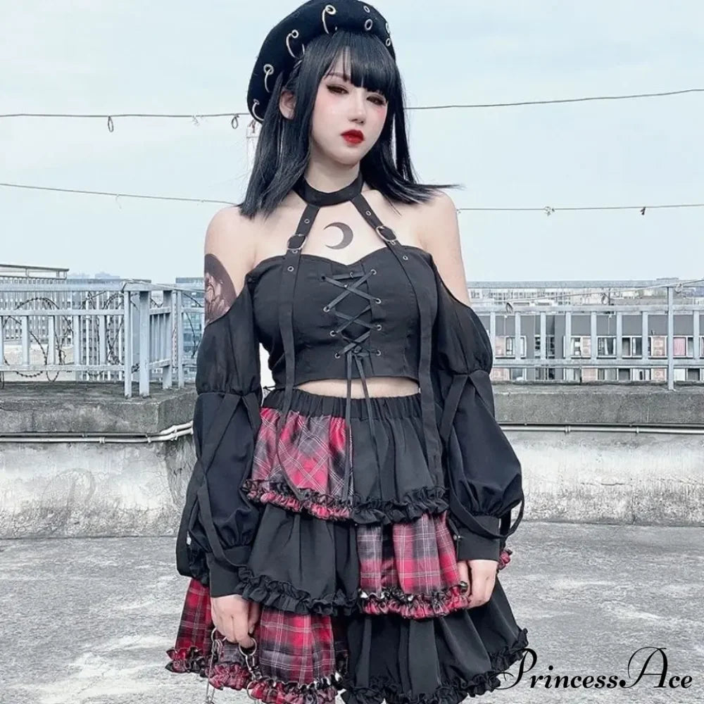 Harajuku Two-Dimensional Dark Petticoat Cosplay Red Plaid Stitching High Waist A-Line Spice Girl