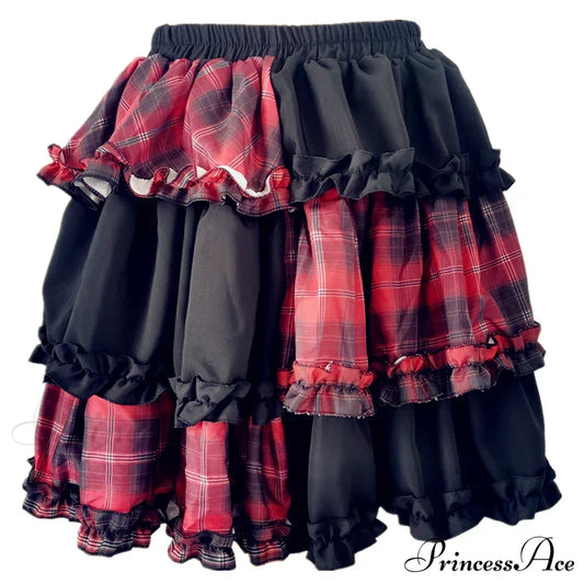 Harajuku Two-Dimensional Dark Petticoat Cosplay Red Plaid Stitching High Waist A-Line Spice Girl