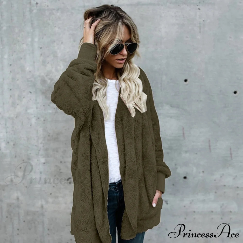 Harajuku Women Loose Long Cardigan Ladies Warm Coat Outwear Army Green / S