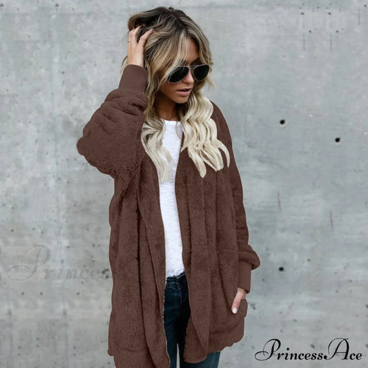 Harajuku Women Loose Long Cardigan Ladies Warm Coat Outwear Coffee / S