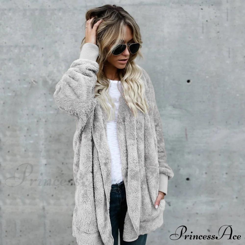 Harajuku Women Loose Long Cardigan Ladies Warm Coat Outwear Gray / S