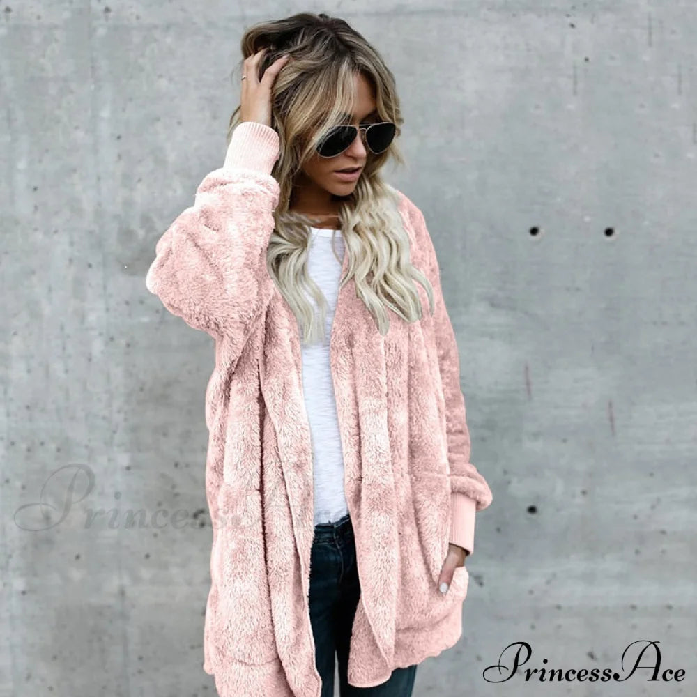 Harajuku Women Loose Long Cardigan Ladies Warm Coat Outwear Pink / S