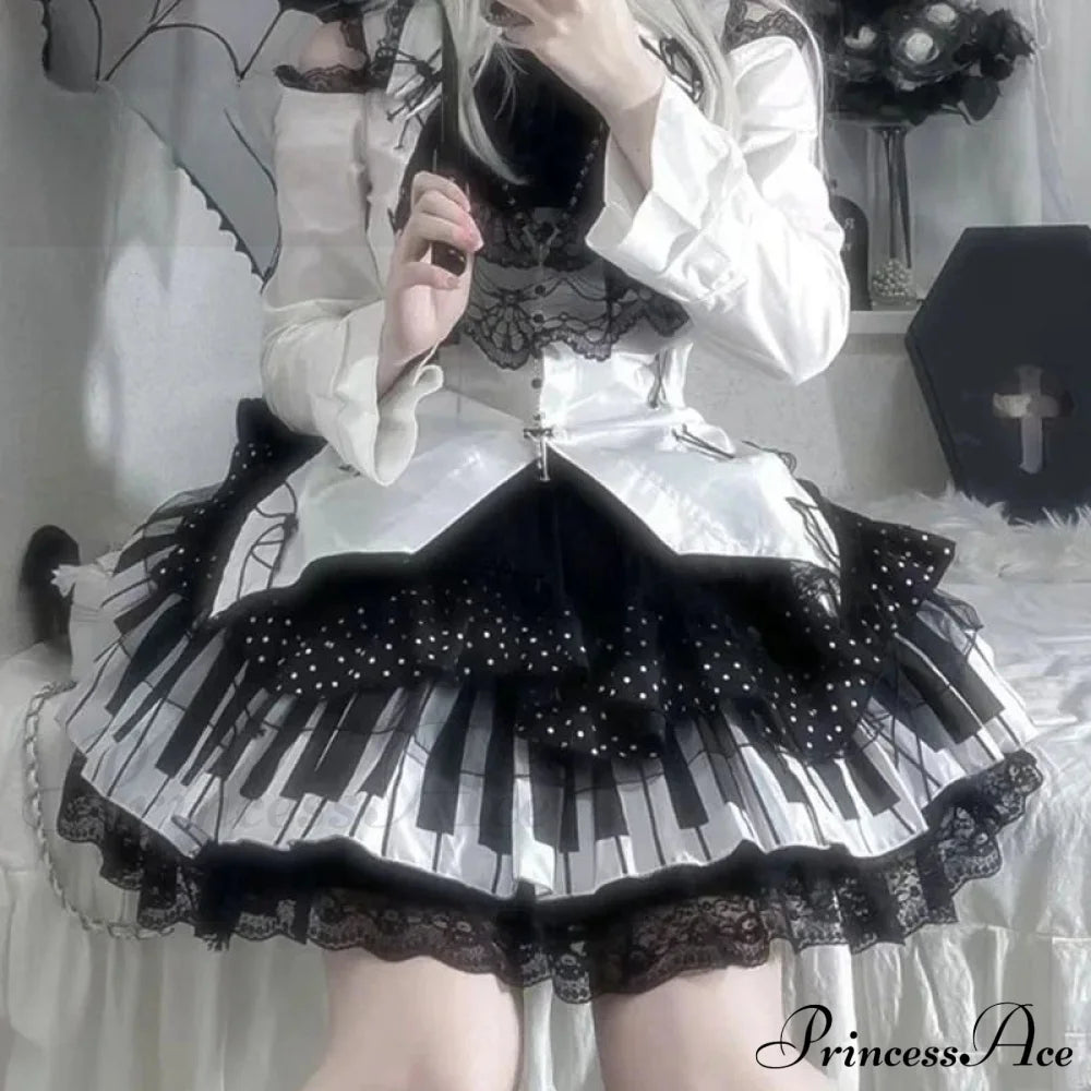 Harajuku Y2K Piano Key Wave Dot Lace Japanese Gothic Lolita Kawaii Cake Fairy Grunge Skirt Halloween