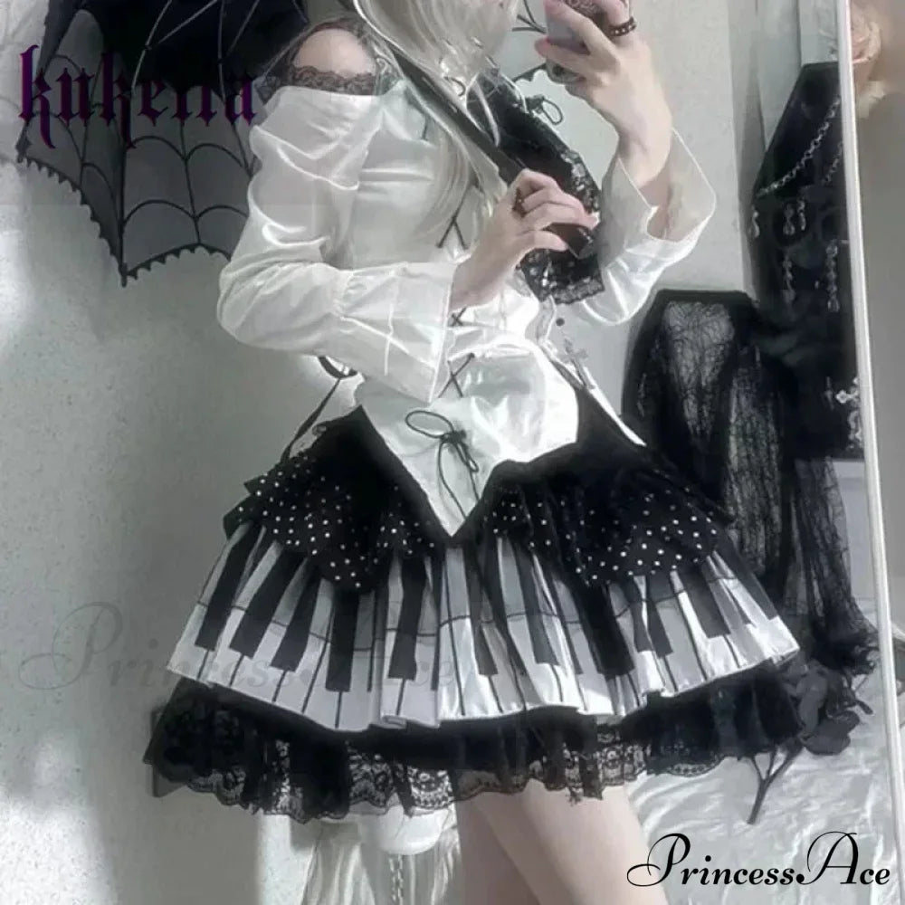 Harajuku Y2K Piano Key Wave Dot Lace Japanese Gothic Lolita Kawaii Cake Fairy Grunge Skirt Halloween