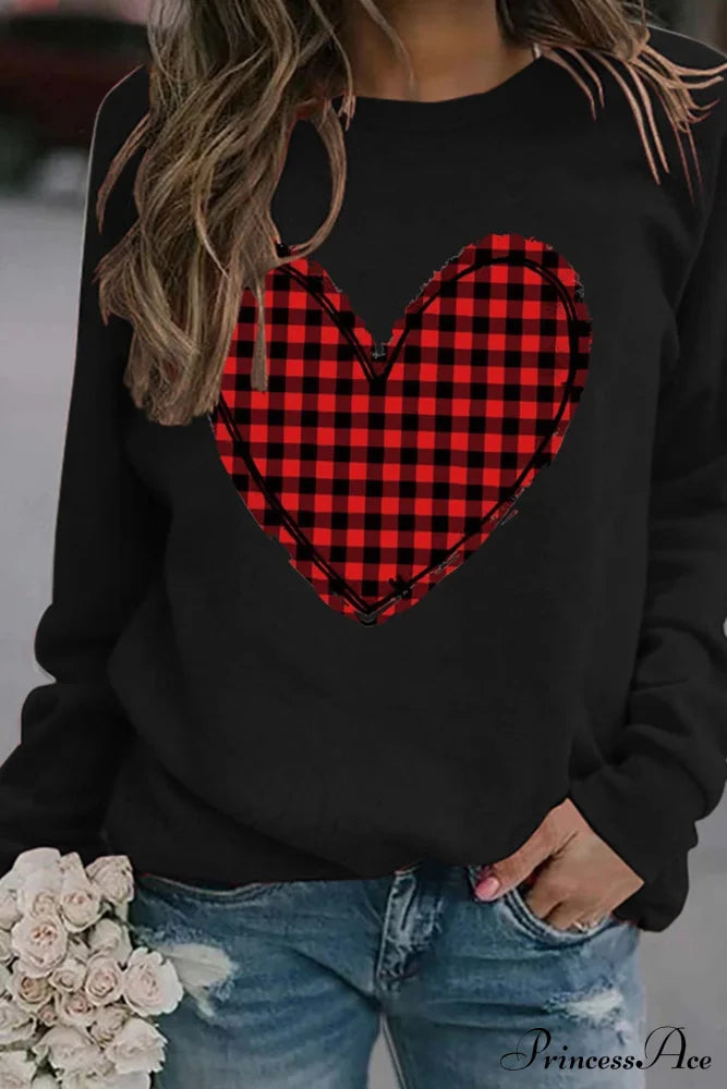 Heart Graphic Plaid Sweatshirt Black / S Sweatshirts