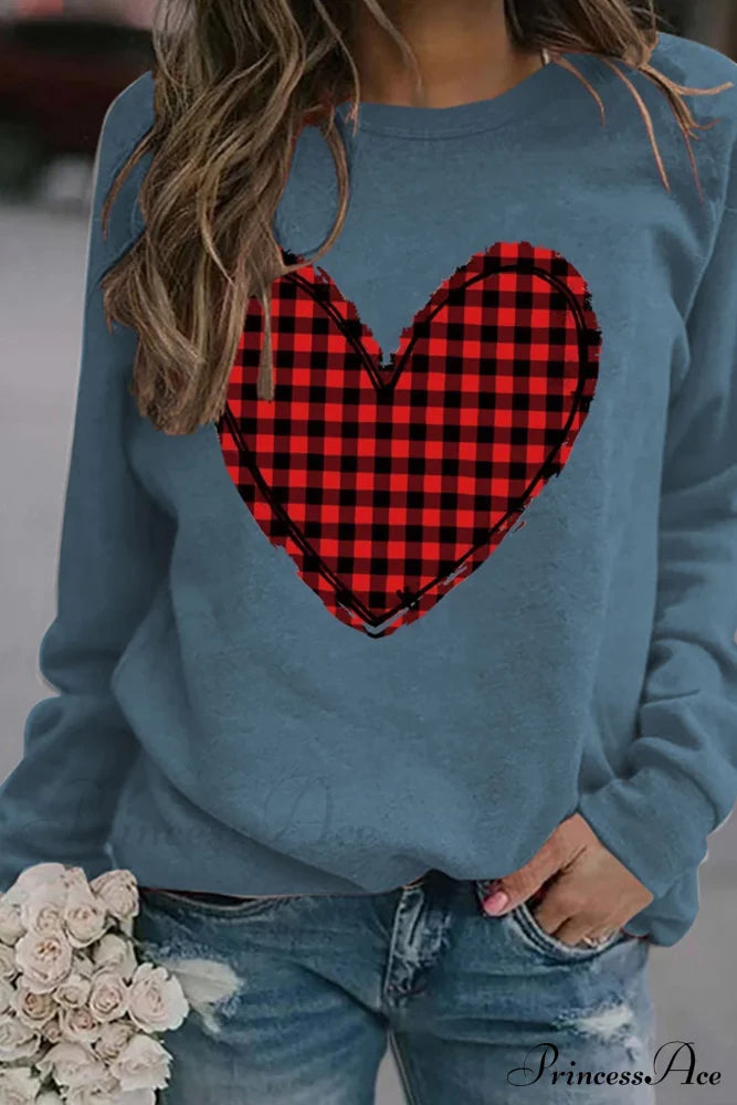 Heart Graphic Plaid Sweatshirt Blue / S Sweatshirts