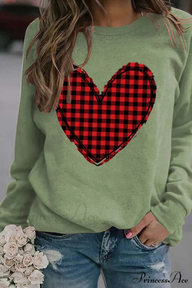 Heart Graphic Plaid Sweatshirt Green / S Sweatshirts