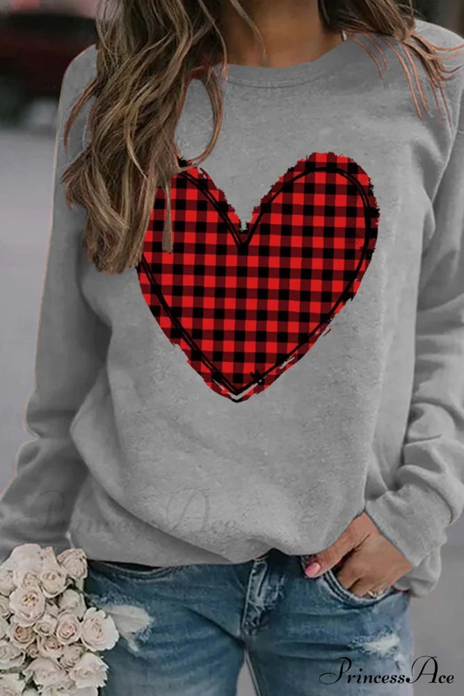 Heart Graphic Plaid Sweatshirt Grey / S Sweatshirts