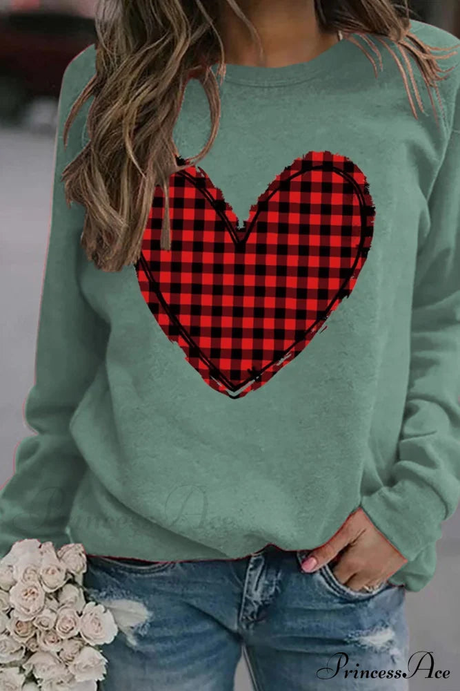 Heart Graphic Plaid Sweatshirt Light Green / S Sweatshirts