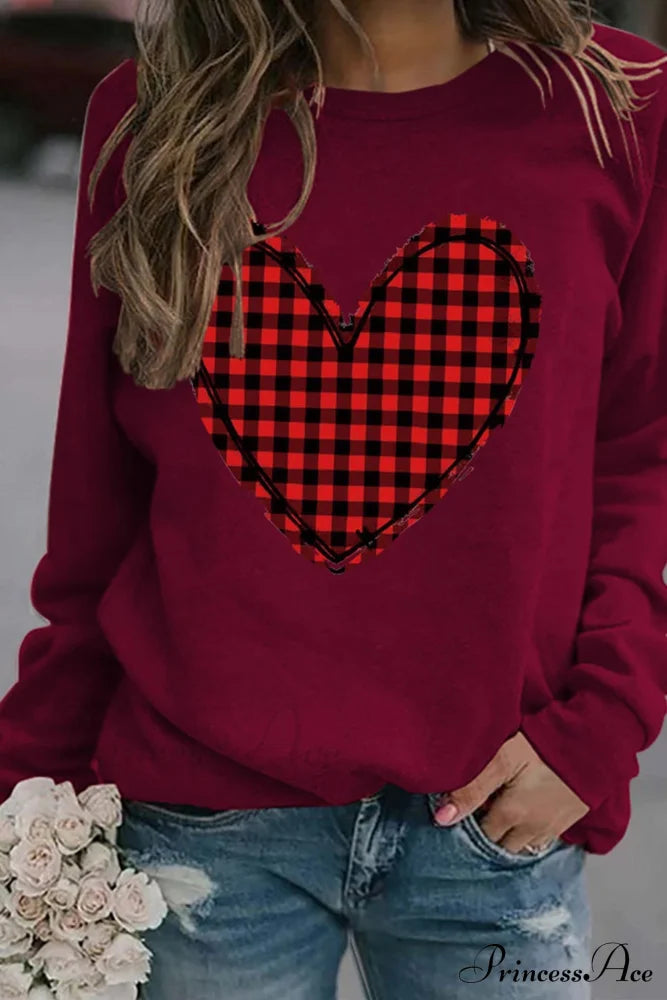 Heart Graphic Plaid Sweatshirt Maroon / S Sweatshirts