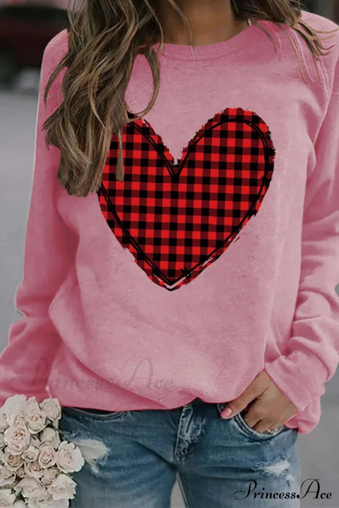 Heart Graphic Plaid Sweatshirt Pink / S Sweatshirts