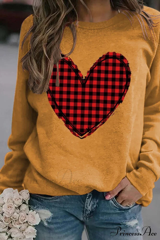 Heart Graphic Plaid Sweatshirt Yellow / S Sweatshirts