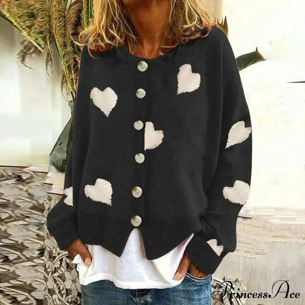 Heart Print Knitted Cardigan Black Best Sellings cardigan cardigans clothes Plus Size Sale tops Topseller