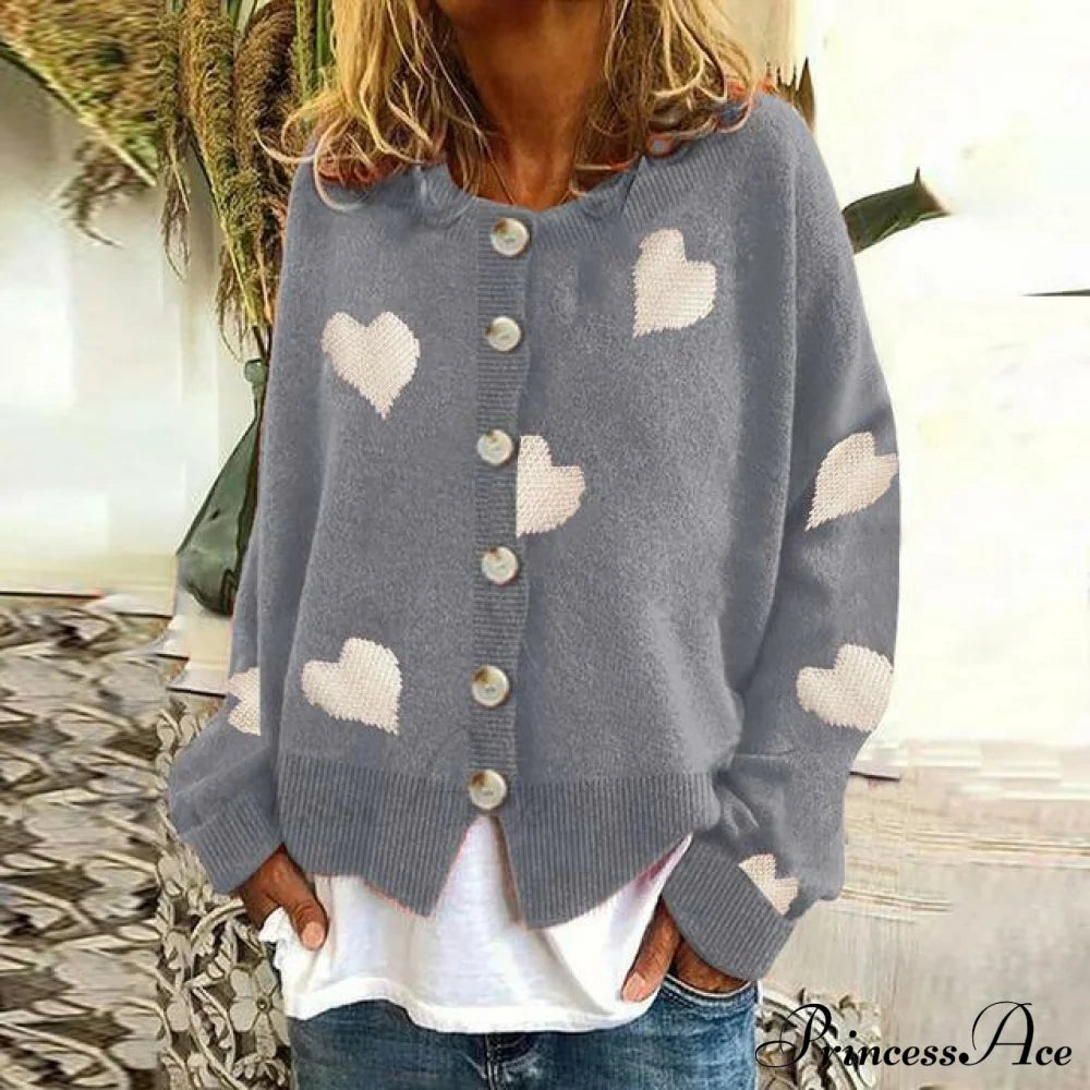 Heart Print Knitted Cardigan Gray Best Sellings cardigan cardigans clothes Plus Size Sale tops Topseller