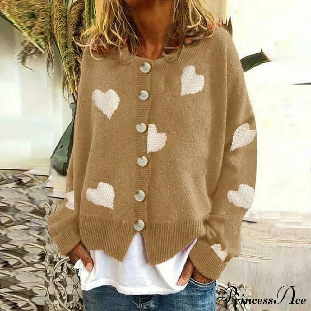 Heart Print Knitted Cardigan Khaki Best Sellings cardigan cardigans clothes Plus Size Sale tops Topseller