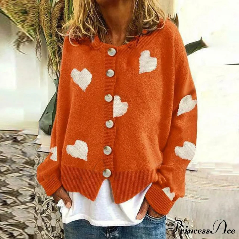 Heart Print Knitted Cardigan Orange Best Sellings cardigan cardigans clothes Plus Size Sale tops Topseller