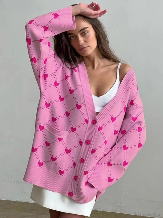 Heart Pattern V-Neck Loose Pockets Knit Cardigan Deep pink / S cardiagn-250126