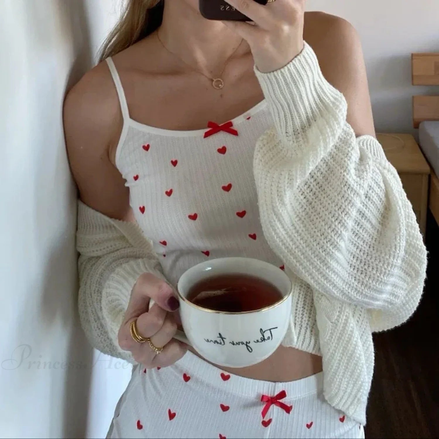 Heart Print Bow Trim Spaghetti Strap Camis Elastic Shorts Two Pieces Set twopiecesset-250126