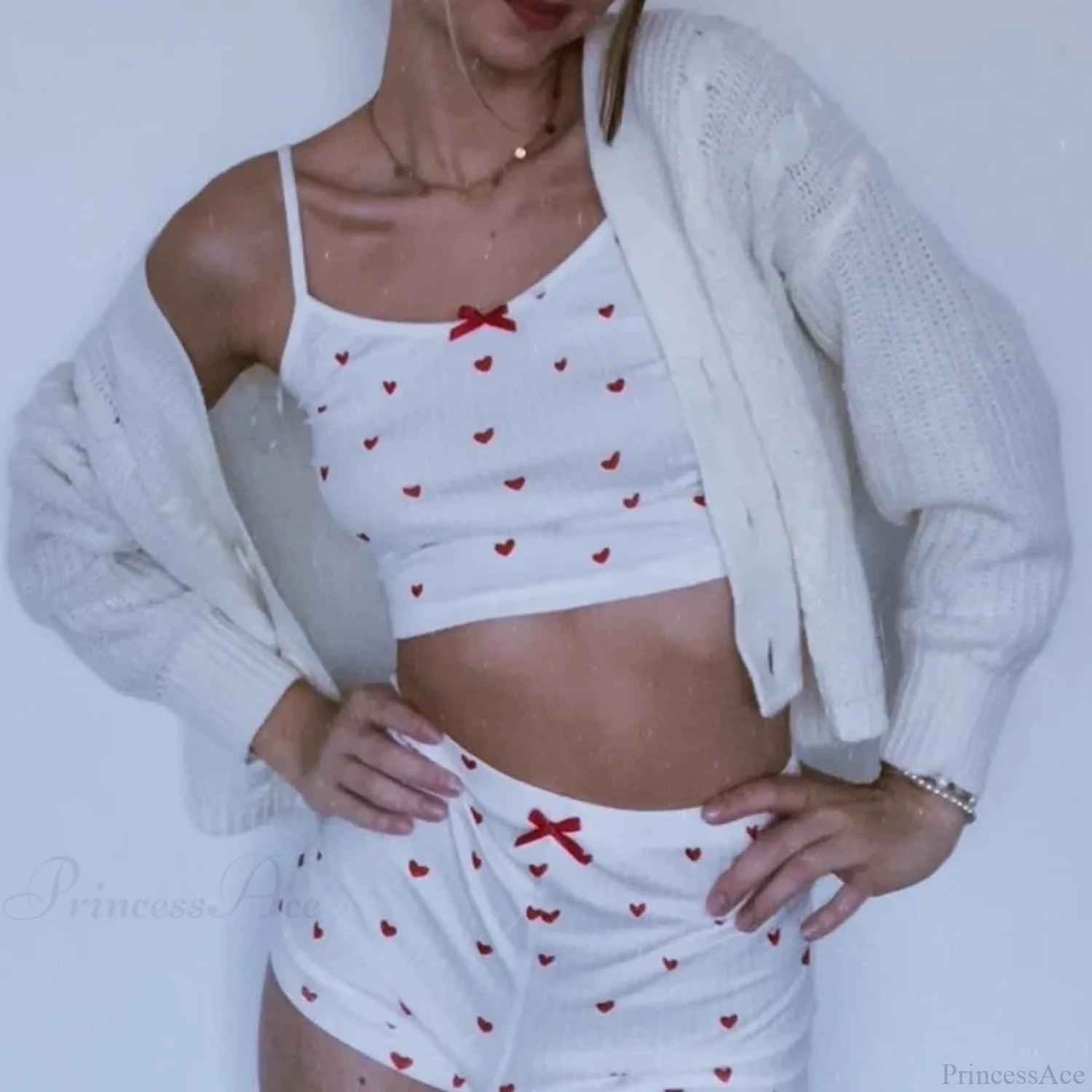 Heart Print Bow Trim Spaghetti Strap Camis Elastic Shorts Two Pieces Set twopiecesset-250126