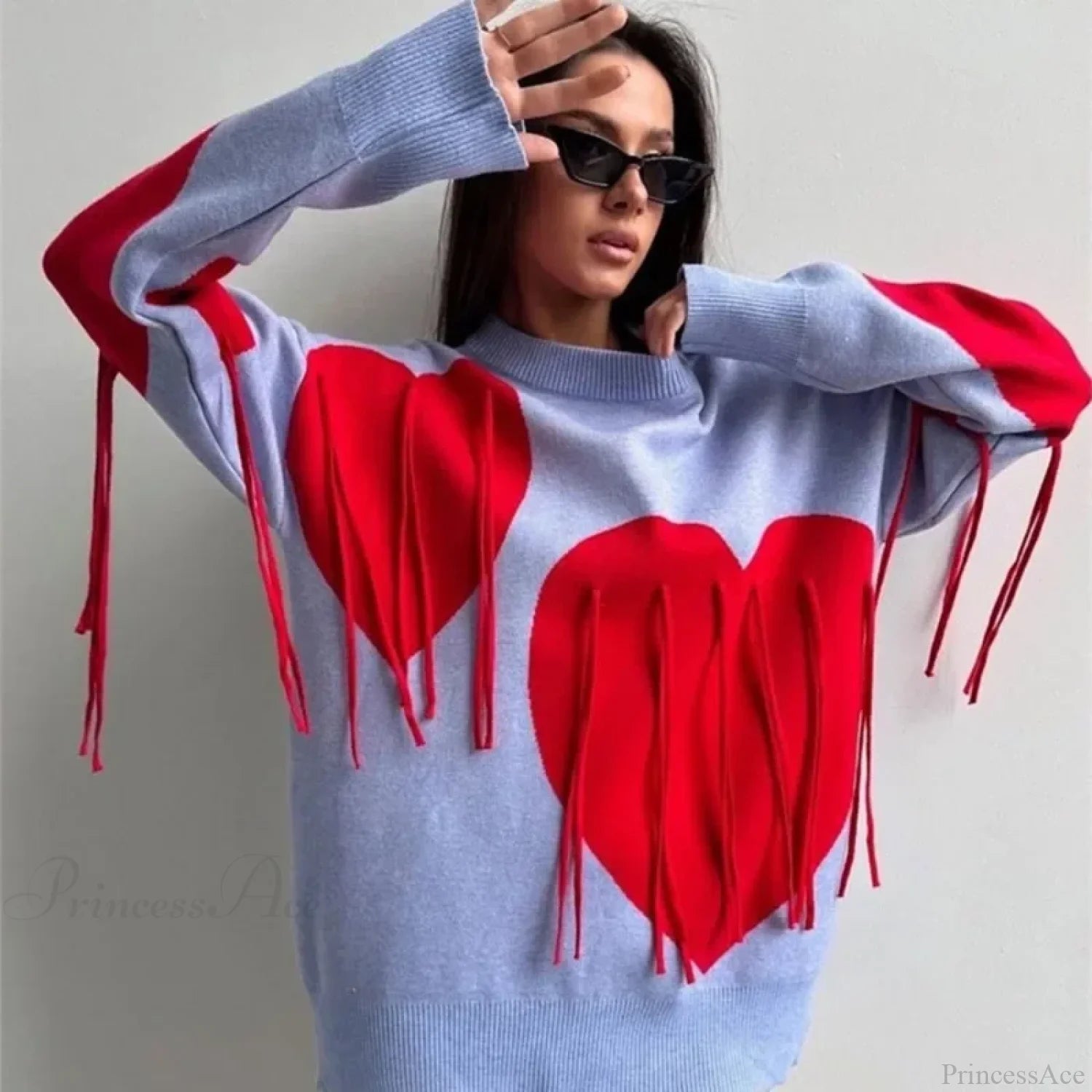Heart Print O-neck Long Sleeve Sweater Blue / S