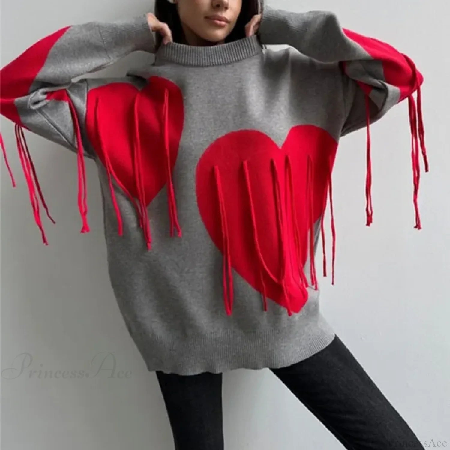 Heart Print O-neck Long Sleeve Sweater Gray / S