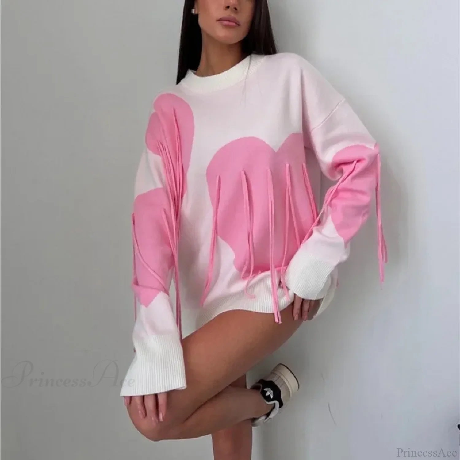 Heart Print O-neck Long Sleeve Sweater Pink / S