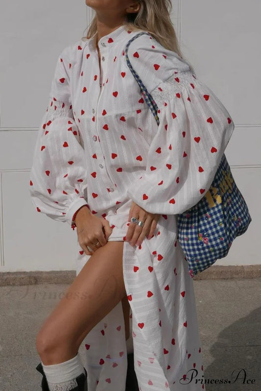 Heart Print Puff Sleeve Cotton Dress White / M Midi Dresses