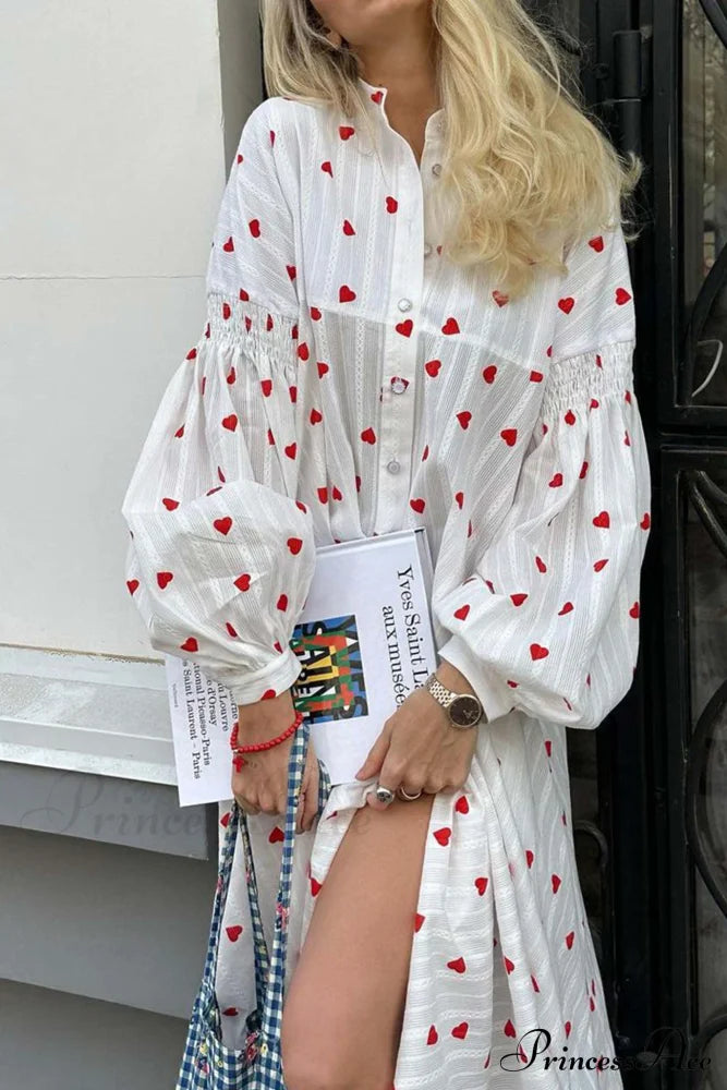 Heart Print Puff Sleeve Cotton Dress White / S Midi Dresses