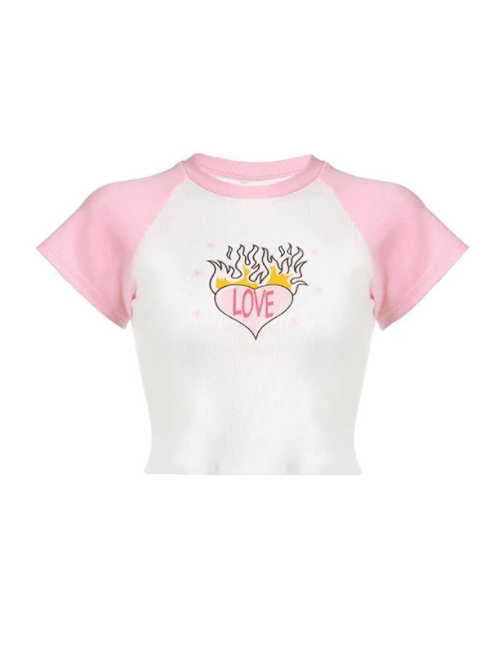Heart Print Graceful Pocket Patch Jeans Tops&Tees