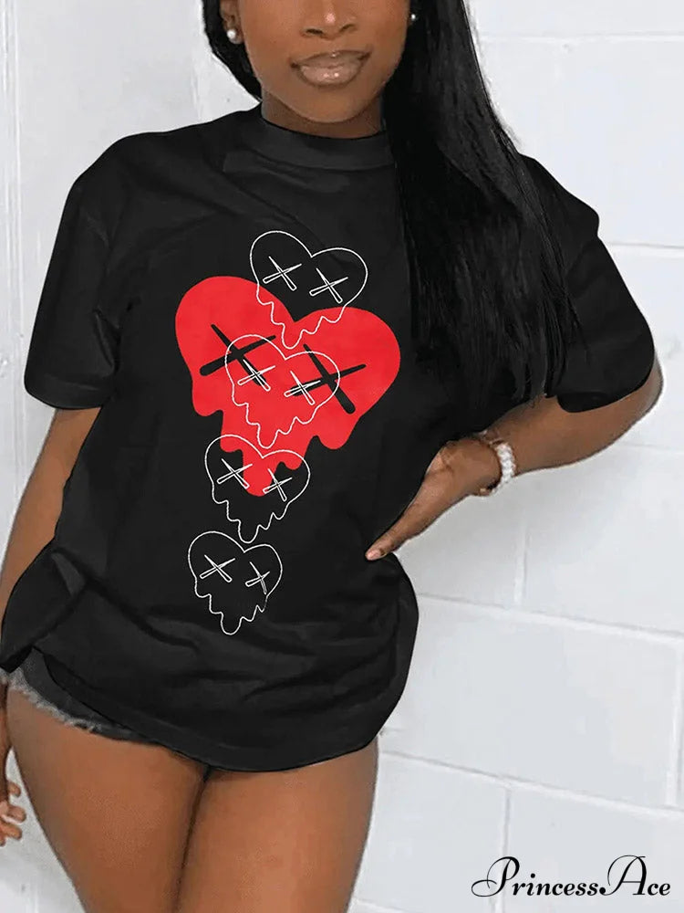 Heart Print Raglan Trendy Short Sleeve Tee Black / S Shirts & Tops