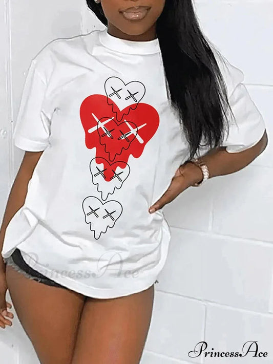 Heart Print Raglan Trendy Short Sleeve Tee White / S Shirts & Tops