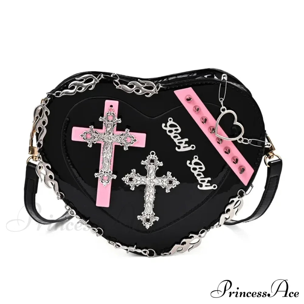 Heart-Shaped Leather Gothic Punk Crossbody Metal Decoration Shoulder Bag Black Halloween